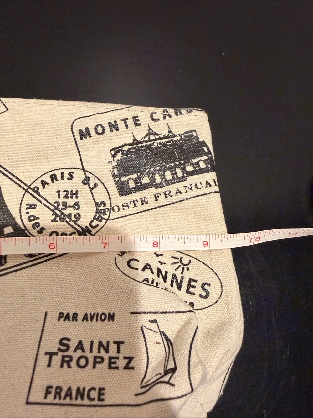 Lancome Beige Cosmetic Pouch with Black Travel Stamp Print